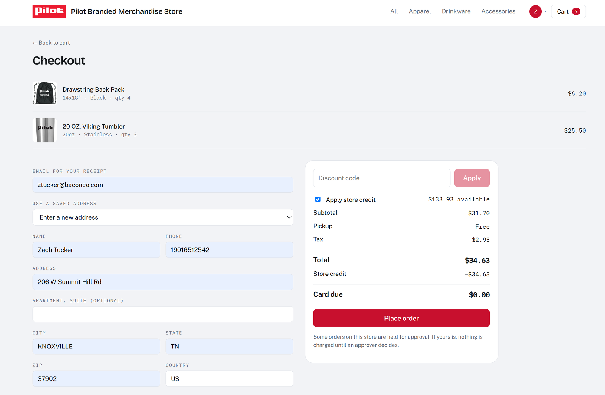 Cart page