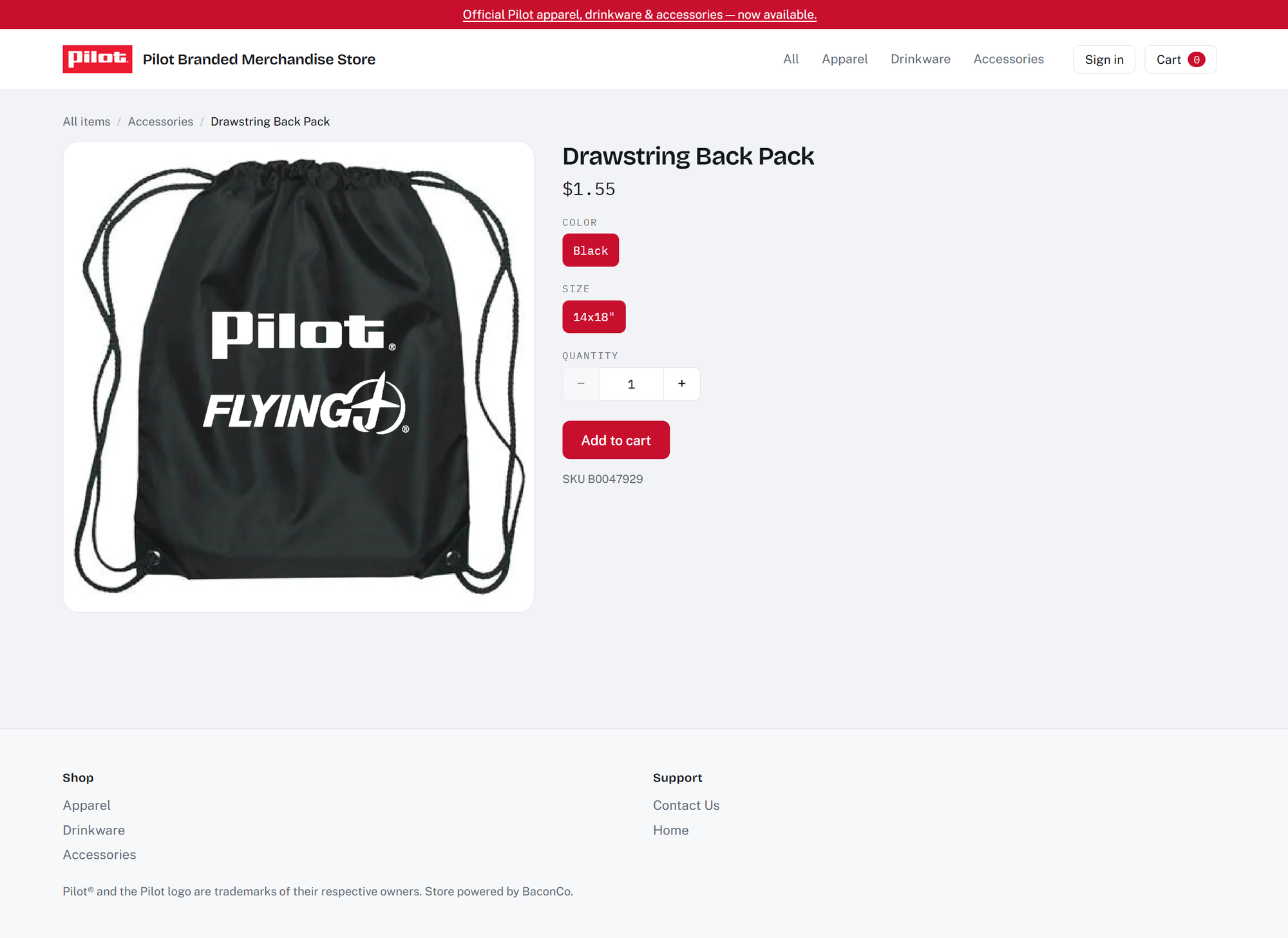 Product page showing color, size, quantity and SKU